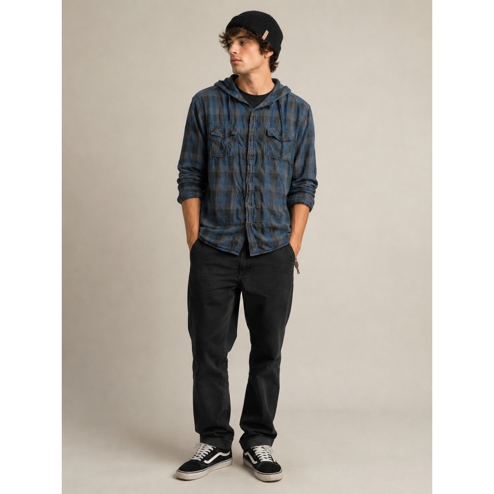 Helix Mens Hooded Flannel Shirt Blue Black Plaid‎ Button Up Hooded Jacket Large